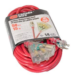 Extension Cord, Outdoor, 15 Meter, 14/3 SJTW, 3 Outlets w/Lit Fantail, RED