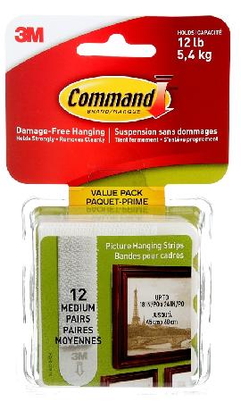 Picture Hanger Strips, Self-Adhesive, 3M Command, 12/pkg , 12 lb capacity (17204-12EF)