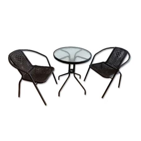 Bistro Set, 2 Chairs w/ Table, Steel/Wicker/Glass, BLACK, Henryka