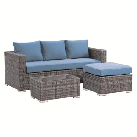 Sofa Set, 3-Piece w/ Table, Aluminum/Wicker/Glass, GREY/BLUE, Henryka