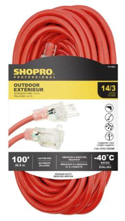 Extension Cord, Outdoor, 100 ft (30 m), 14/3 SJTW, 1 Outlet w/Lit Receptacle, RED