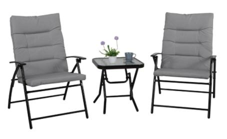 Bistro Set, 2 Folding Chairs w/Folding Table, Steel/Fabric/Glass, BLACK/GREY, Lakedale
